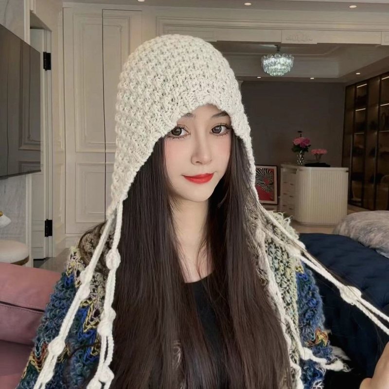 手工编织款流苏球球帽加厚保暖包头帽女冬天护耳绑带帽针织毛线帽|undefined