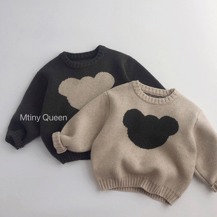 Retro cute bear ~ children's sweater autumn and winter Korean version of men's and women's Bao Sen style personality stitching round neck knitted pullover loose