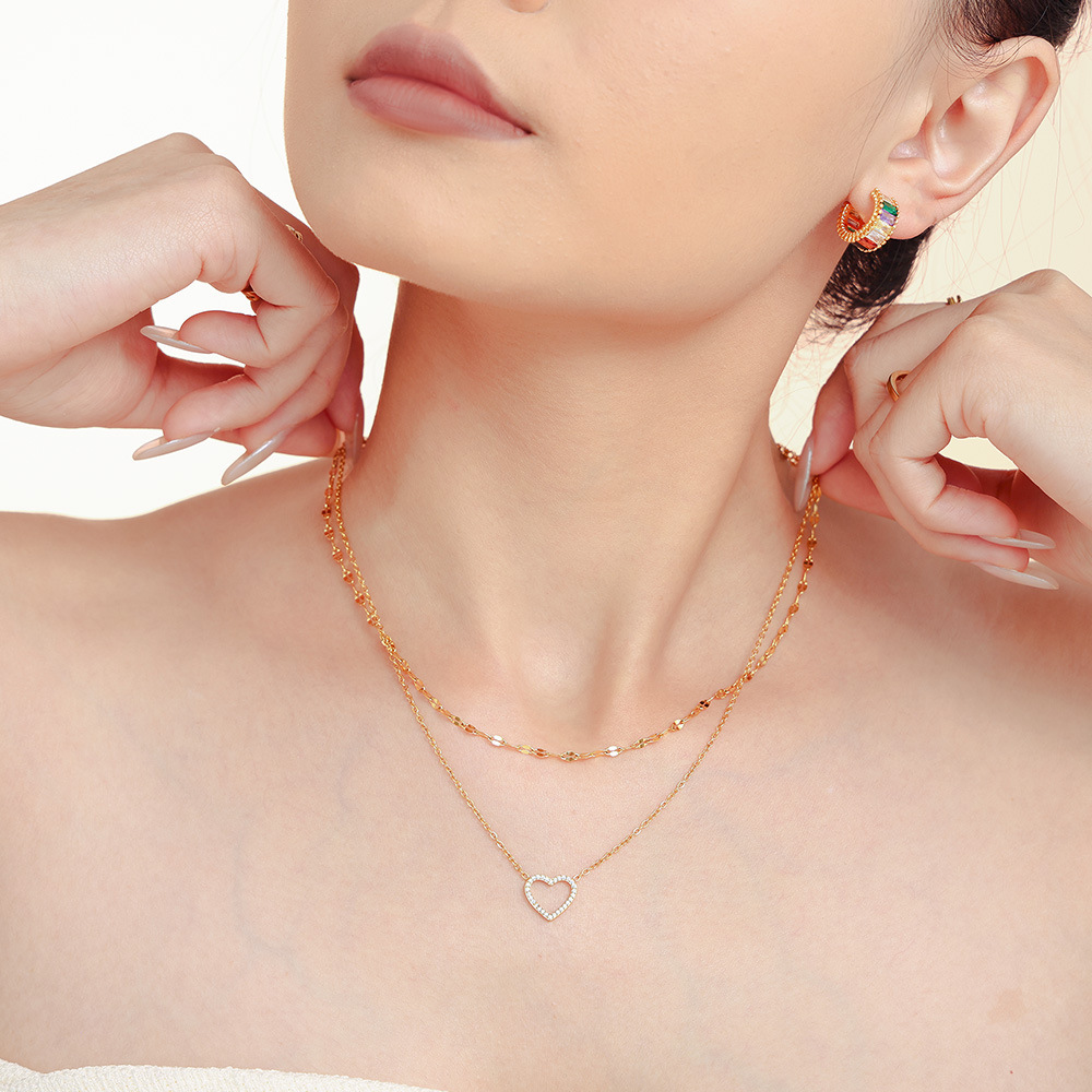 Square Sugar Ins Heart-shaped Handmade Zircon Double Layered Collarbone Necklace Bracelet Set Titanium Steel PVD Electroplating Color Preservation_voghion.com