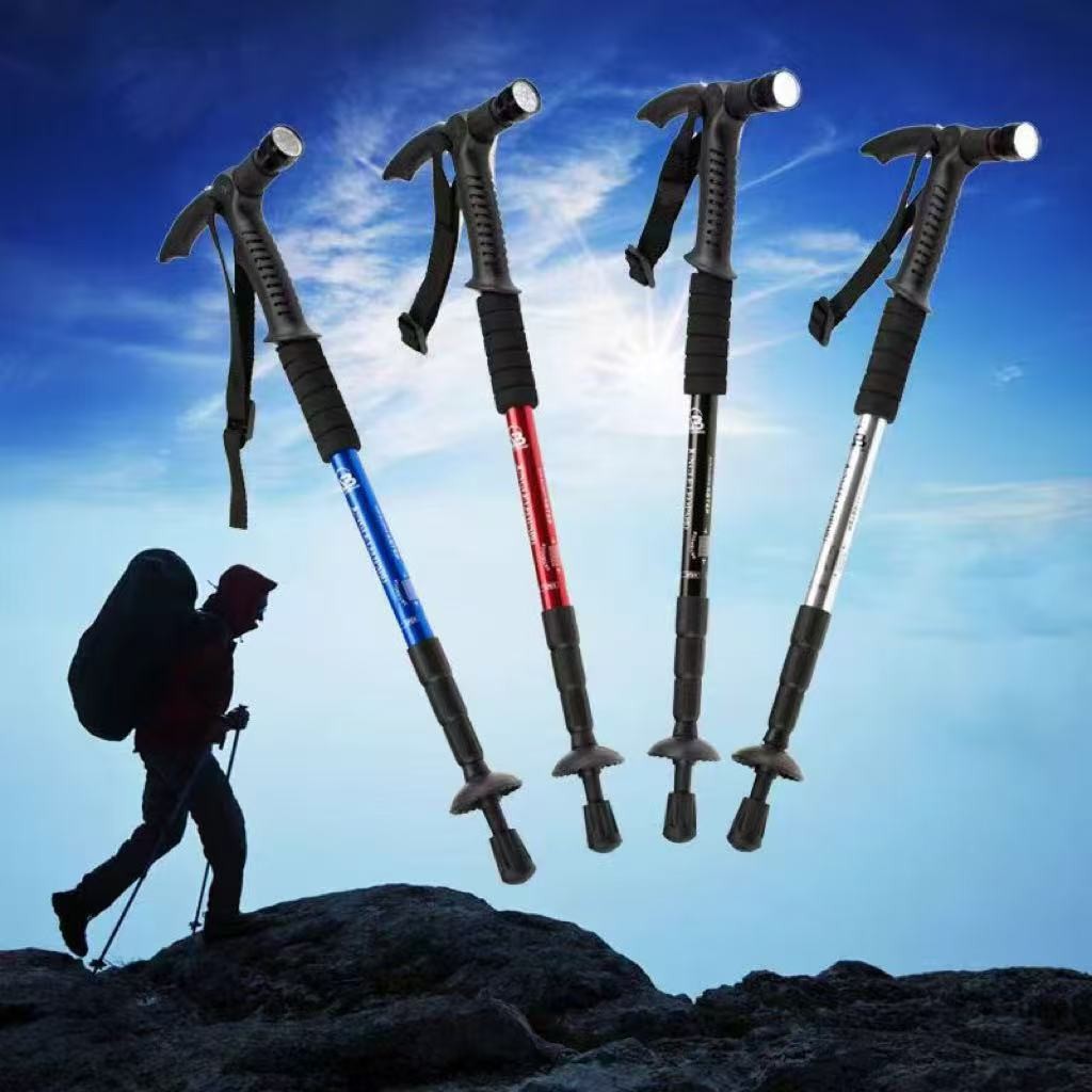 Bastón de trekking de viaje al aire libre aleación de aluminio ultraligera plegable retráctil caña de escalada con luz portátil al por mayor