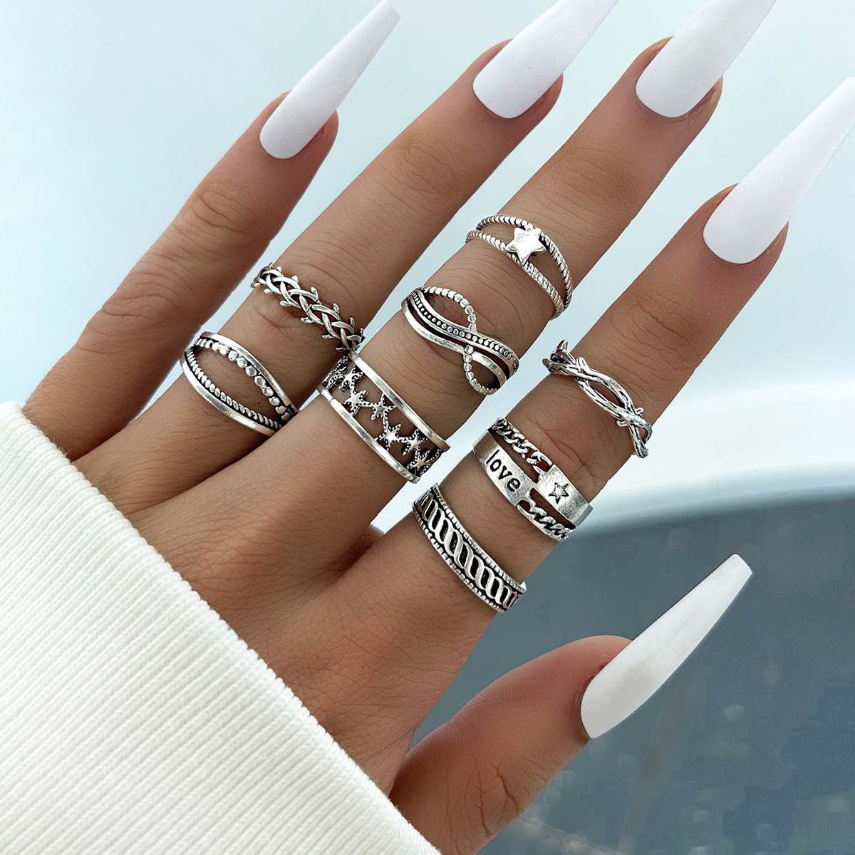 Punk Style Hollow Five-pointed Star Ring English Letters Thorns Retro Ornaments Eight-piece Set display picture 1