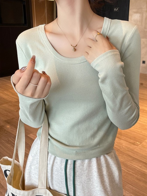 灰色方领正肩打底衫女2025春季新款低领长袖恤内搭开春修身上衣|undefined