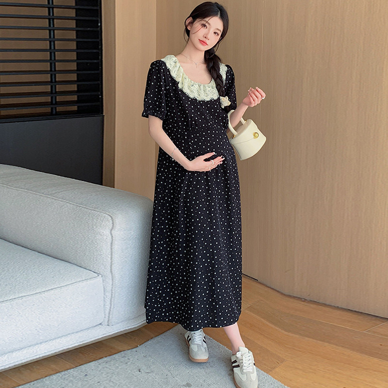 孕妇连衣裙2025新款夏季孕期法式蕾丝花边黑色碎花裙夏款孕妇裙子|undefined