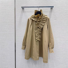 南油直供25早秋时髦不规则立领宽松中长款风衣经典压褶木耳边上衣