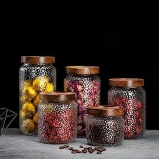 Acacia Wood Storage Jar, Transparent Hammered Glass Sealed Jar, Glass Tea Jar, Tea Sealed Jar