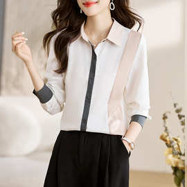 外贸女装实拍洋气秋季新款女装翻领缎面拼接仿真丝雪纺衫上衣开衫