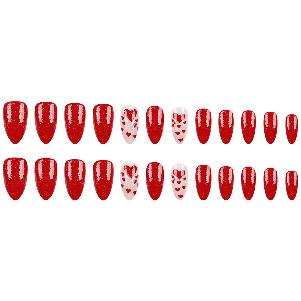 Día de San Valentín de venta transfronteriza manicure rojo simple tipo almendra parche de uñas amor polvo brillante usar manicure