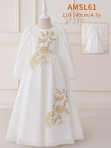 Girls' long robe with patchwork print, mid-length skirt, children's party dress, evening gown, embroidered long-sleeved performance outfit