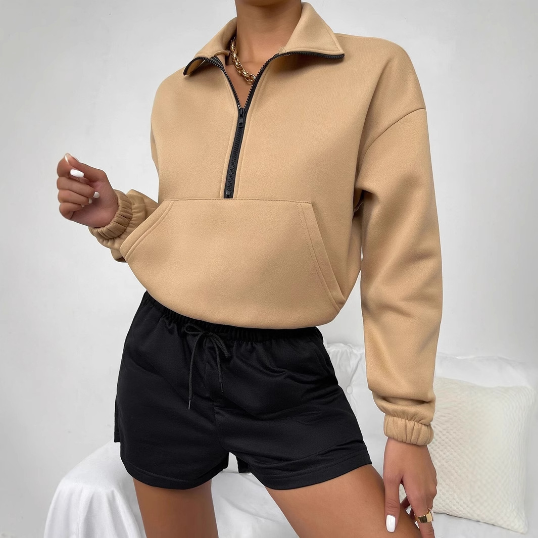 Amazon popular 2023 europeo y americano Otoño e Invierno transfronterizo Comercio exterior superior cremallera soporte cuello manga larga forro polar suéter suelto para las mujeres