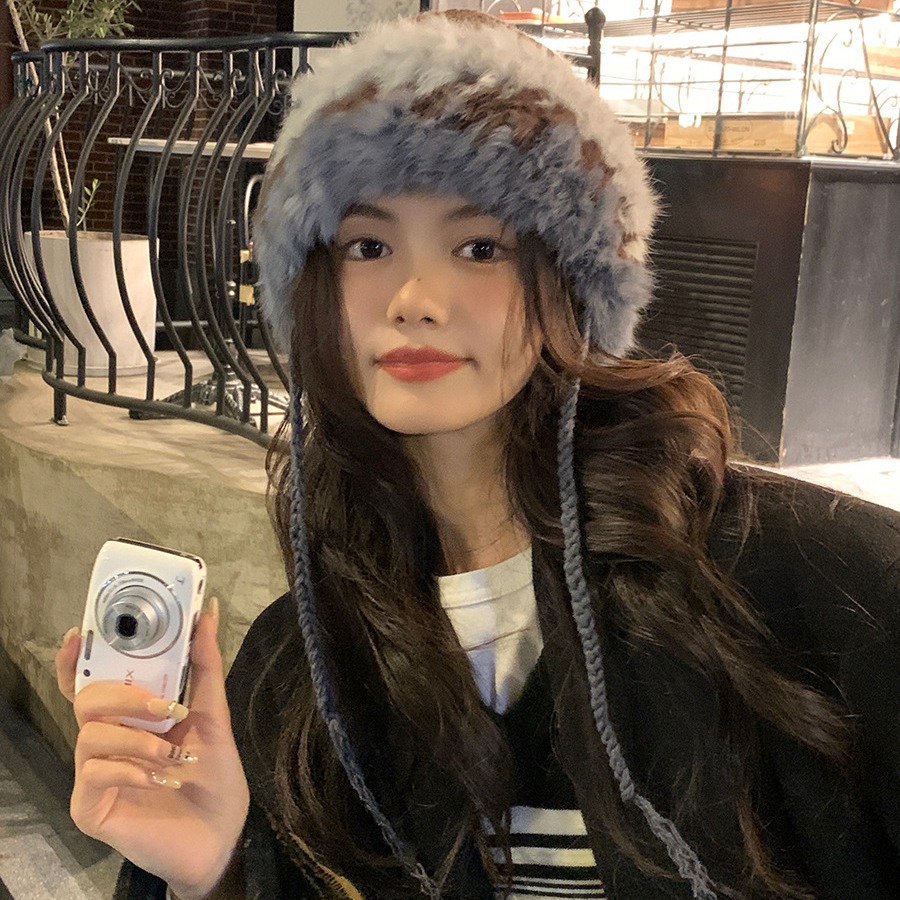 Congee Cocoa Rabbit Hair Knitted Women's Autumn and Winter Splice Warm Wool Cold proof Pullover Plush Ear Protection_voghion.com