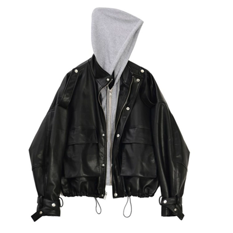 Женская кожаная куртка из двух частей, осень-зима 2024, новая черная короткая хлопковая кожаная куртка на флисовой подкладке из искусственной кожи, модная мотоциклетная куртка