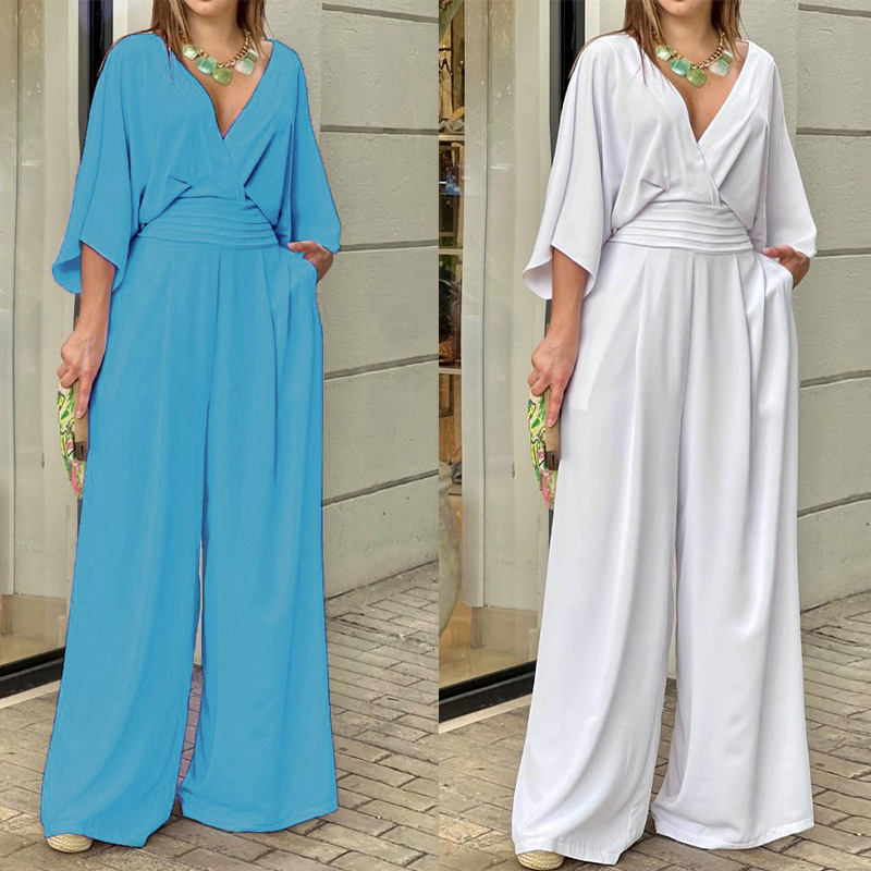 AliExpress estación independiente 2023 a principios de otoño nueva Europa y América ropa moda casual color sólido manga corta suelta mono mujeres image 4