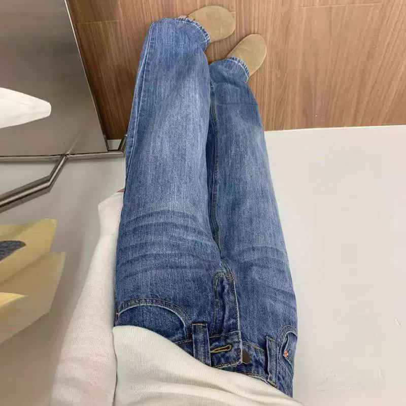 新款蓝色大码宽松后口袋翻盖设计高腰牛仔裤女胖直筒拖地阔腿裤