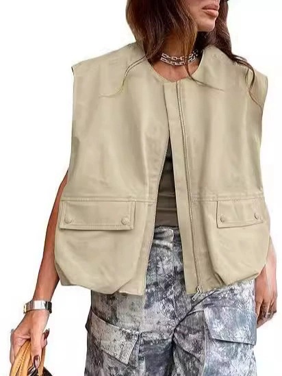 Amazon transfronterizo 2025 Europa y los Estados Unidos nueva moda sin mangas bolsillo versión suelta chaleco de cremallera de color sólido chaqueta de mujer image 10