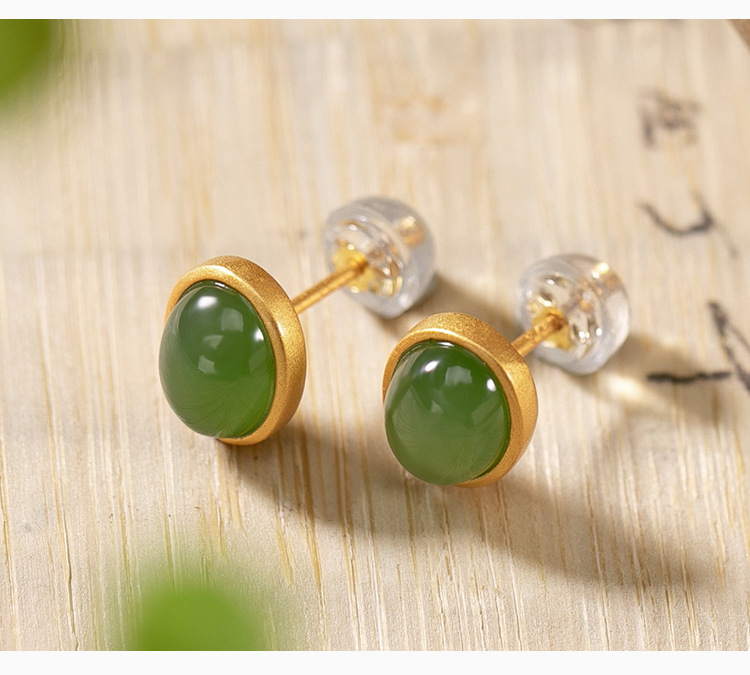 Bông tai nữ hình bầu dục ngọc bích tự nhiên mạ vàng bạc S925 — Mẫu vàng (một cặp) chi tiết 2