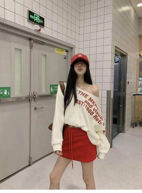 美式辣妹斜肩长袖t恤卫衣女早秋季2025新款宽松慵懒风设计感上衣|undefined