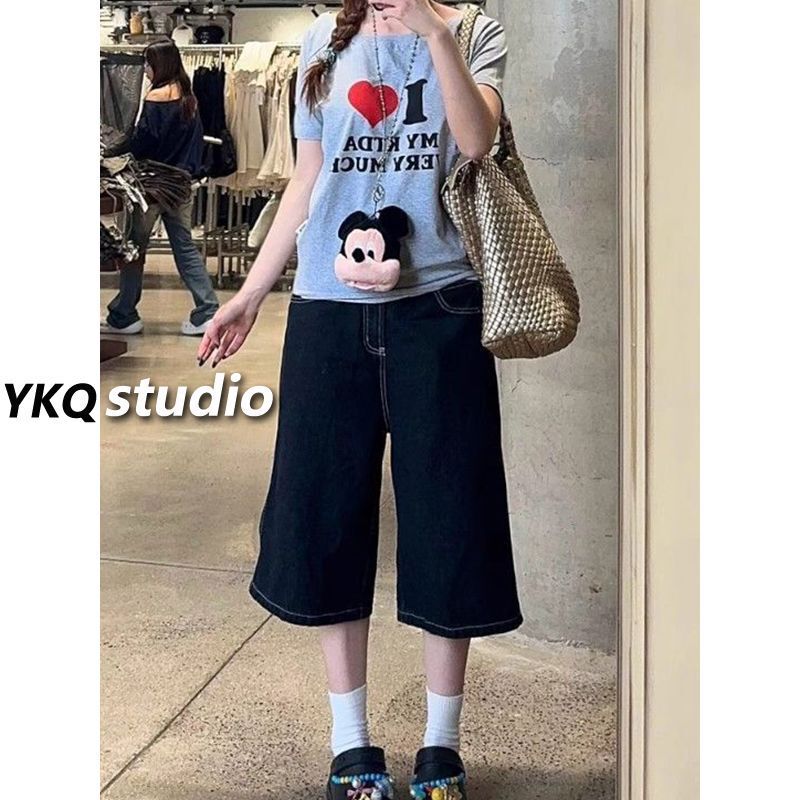Petite women's American retro dark blue denim cropped pants, summer loose wide-leg versatile slimming straight shorts