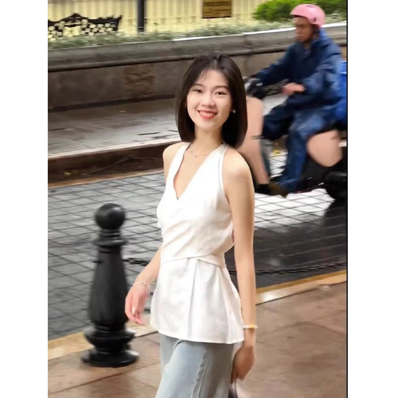 French Style Socialite-style Cross-lace V-neck Sleeveless Vest Women's Summer Elegant Slim-fit Backless Outer Neck Top