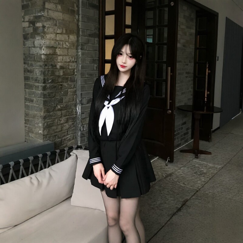 Black Three-Piece Bow Sailor Uniform Set, Japanese School Style, Navy Collar, Pleated Skirt, Jk Sweet and Fresh Black Three-Piece Bow Sailor Uniform Set, Japanese School Style, Navy Collar, Pleated Skirt, Jk Sweet and Fresh