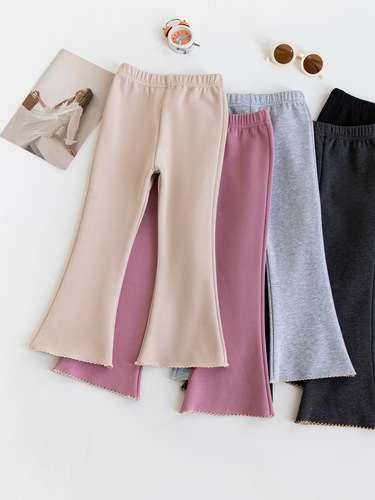 Spring and Autumn Plush Girl's Bell-bottom Pants Korean Candy Color Fitted Children's Bell-bottom Pants Plush Warm Girl's Pants