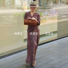 金辉夏季新款真丝双绉领交叉绑带连衣裙