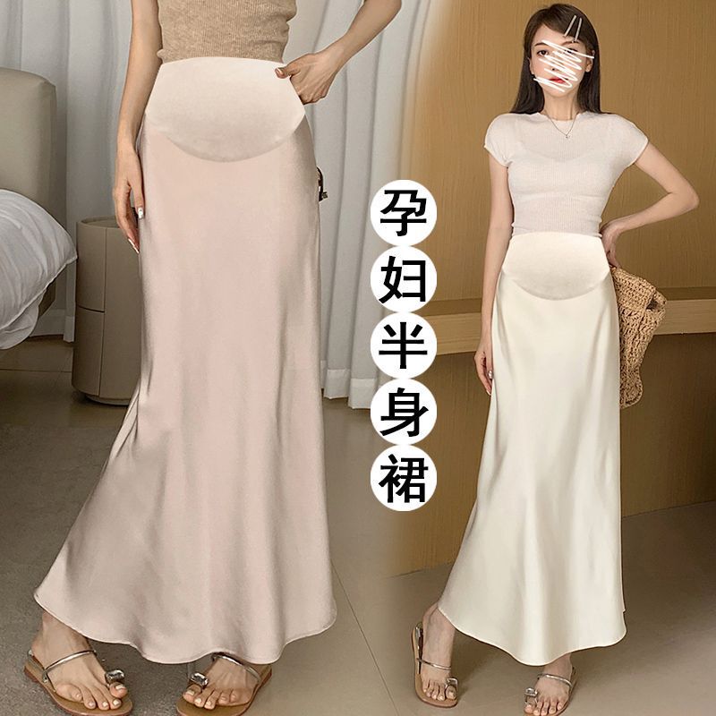 Pregnant Women's Skirt 2025 Spring and Summer Outer Wear Belly-supporting Vinegar Satin Covering Skinny A- line Long Skirt Dagging Fishtail Skirt