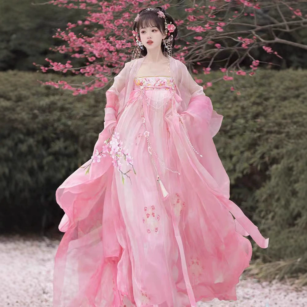 Весенний и летний стиль [Полный цветочный дождь] Hanfu Nu Tang Qi грудь юбка с вышивкой с большими рукавами Свежая повседневная одежда