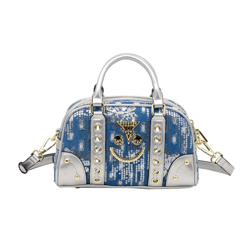 Jean bordado sequinado periódico de mano 2025 almohada casual estilo mini troquero periódico de dibujos animados de color contraste # 2824