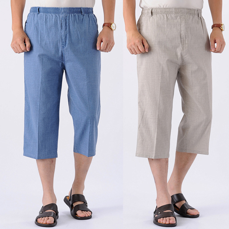 Summer dad cotton and linen cropped pants men's pants middle-aged and elderly elastic waist ultra-thin pants high waist loose deep cropped men's pants