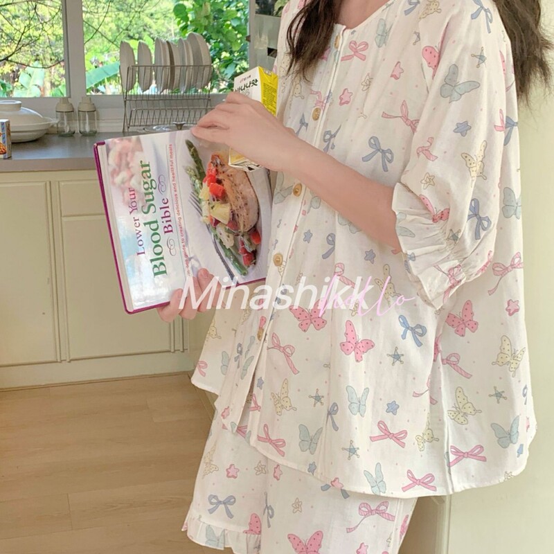 Mihashikk Multicolor Lazy Girl's Bow Pajamas Loose Cotton Double-Layer Yarn Short-Sleeved Shorts Home Clothes
