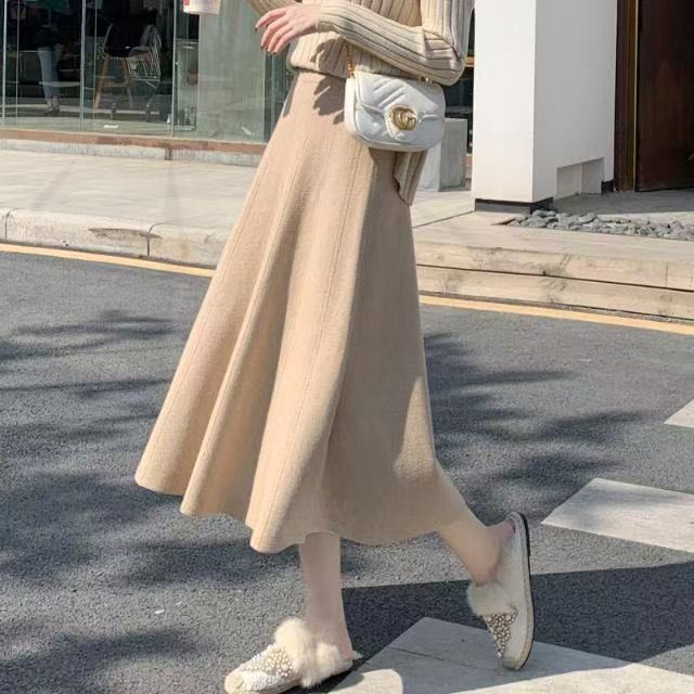 针织半身裙女中长款2025春秋冬季松紧高腰显瘦a字毛线大摆裙长裙