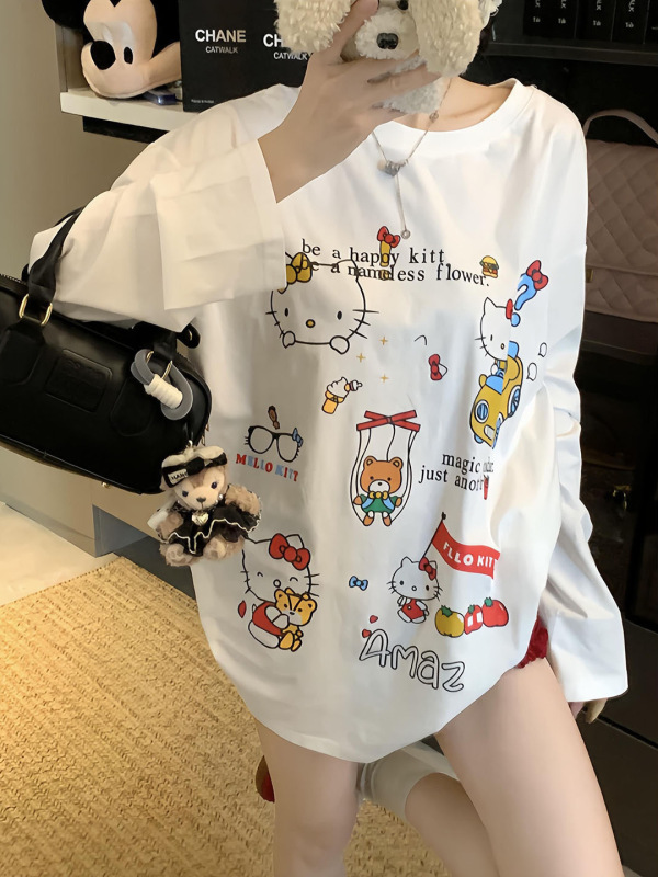 韩系可爱甜美圆领印花长袖T恤女秋2025新款薄款宽松字母套头上衣|undefined