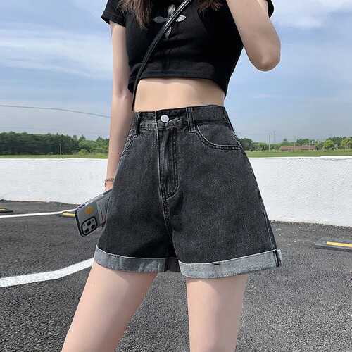 Curled jeans shorts women's summer loose Korean style student high-waist slim casual thin a-line wide-leg hot pants