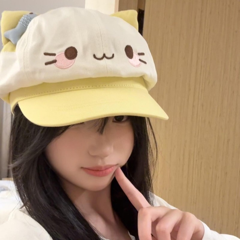 可爱卡通猫咪八角帽子女春夏出游甜美百搭显脸小贝雷帽学生报童帽|undefined