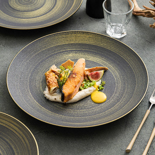 Hand-Painted Black Gold Sand Shallow Plate Home Plate Dish Plate Retro Japanese-Style Western Restaurant Steak Pasta Plate Presentation