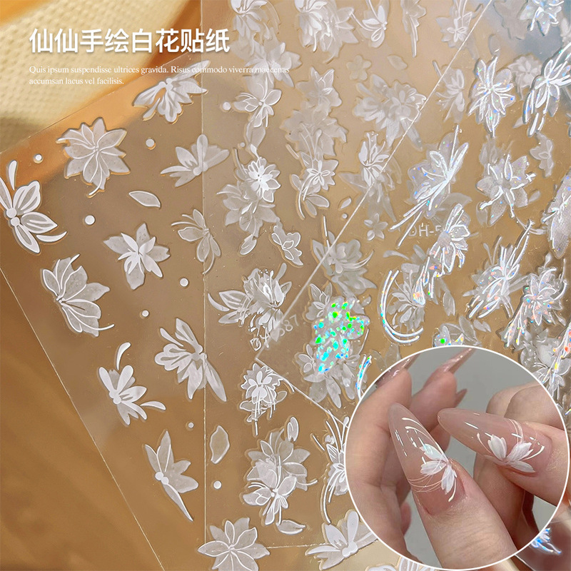 Net red snow mowing hand painted white flower nail stickers Super fairy White magnolia flower thin tough adhesive petals nail stickers wholesale Net red snow mowing hand painted white flower nail stickers Super fairy White magnolia flower thin tough adhesive petals nail stickers wholesale