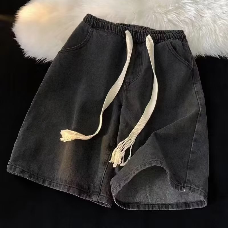 American Style Denim Shorts Men's Summer Casual Denim Pants Tether Elastic Waist Loose Vintage High Street Pants