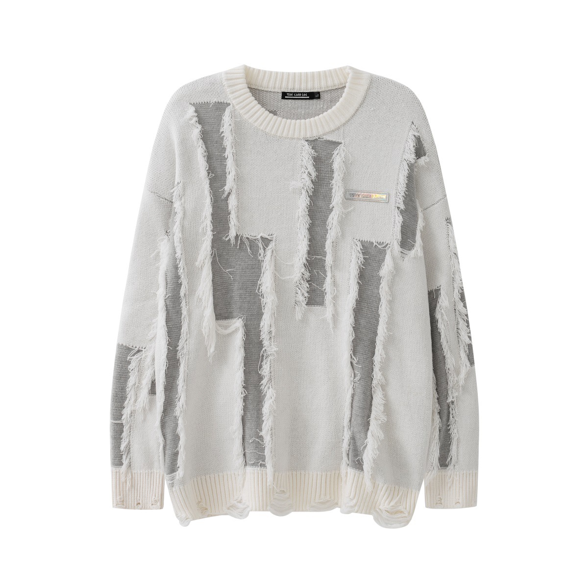 Ανδρικά Ρούχα με σκισμένες φούντες, μικρές ετικέτες, άνετη εφαρμογή, μοντέρνα πουλόβερ με χρωματική αντίθεση_voghion.com