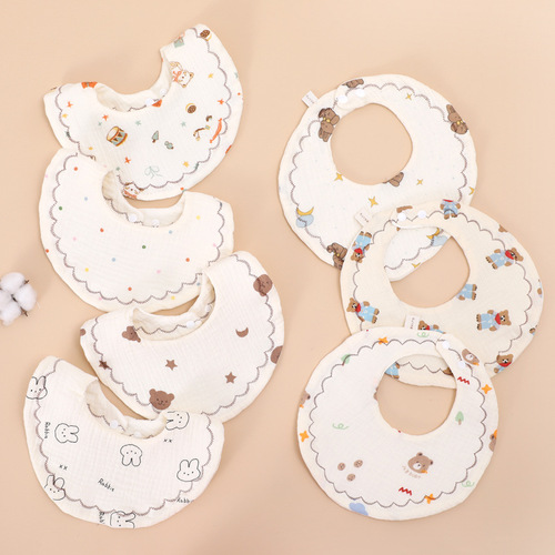Round bib saliva towel six-layer cotton gauze absorbent cartoon bib baby baby maternal and child supplies wholesale