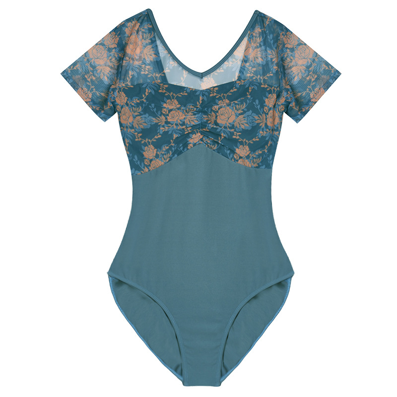 Ropa de yoga de alta gama, ropa de baile sin espalda estampada antilumínicos de manga corta para mujer de verano, ropa de entrenamiento de alta elasticidad floral