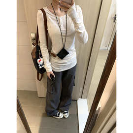 韩系亨利领撞色条纹长袖t恤女早秋季修身显瘦收腰内搭上衣打底衫