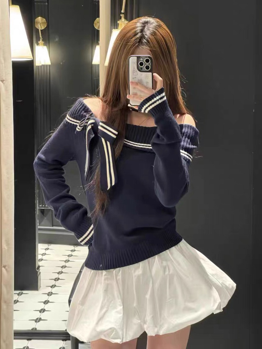 BM风新款藏青色一字肩蝴蝶结长袖针织衫毛衣女WM纯欲显瘦百搭上衣