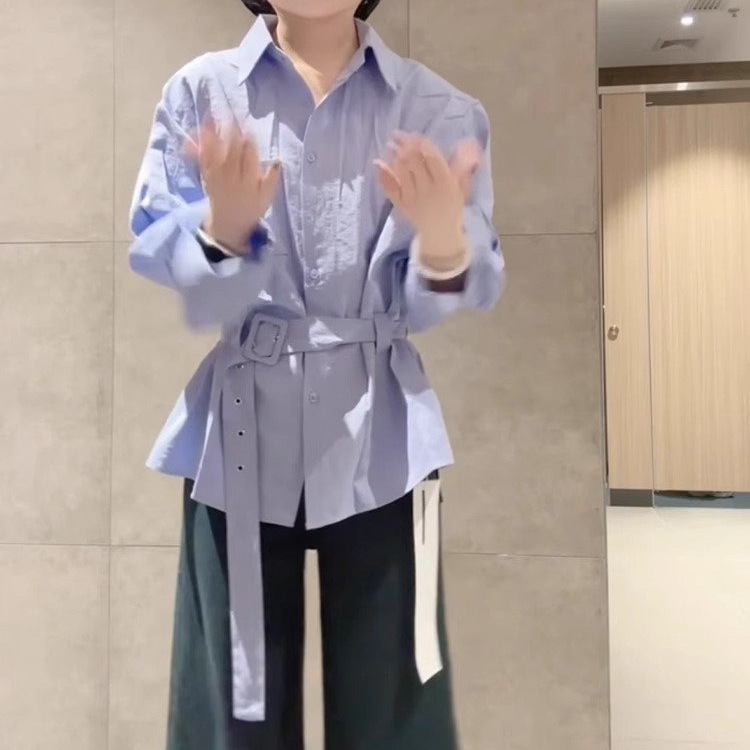蓝色长袖衬衫外套女宽松慵懒风2025新款收腰系带防晒衬衣休闲百搭|undefined