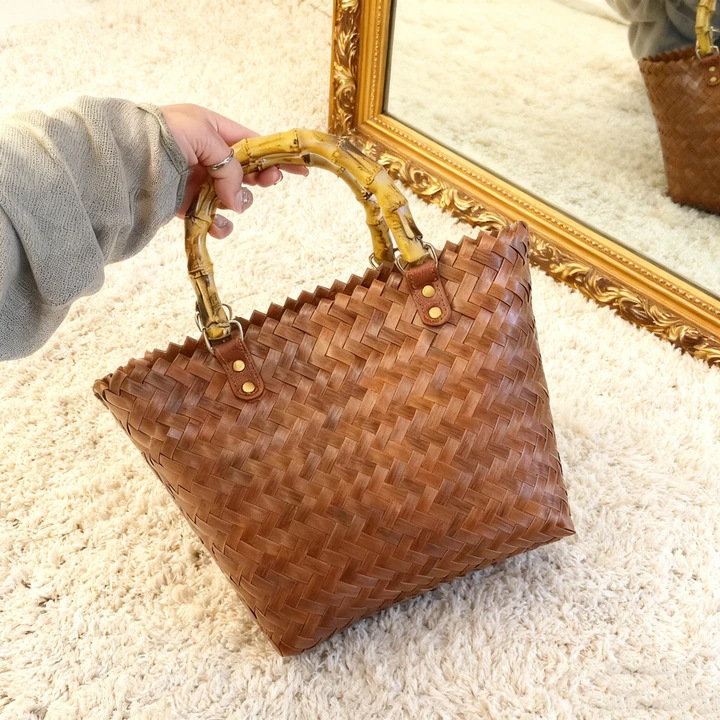 Large-Capacity Imitation Rattan Straw Woven Handbag, Rattan Tote Bag, Bamboo Picnic Handbag, Gift Basket Large-Capacity Imitation Rattan Straw Woven Handbag, Rattan Tote Bag, Bamboo Picnic Handbag, Gift Basket