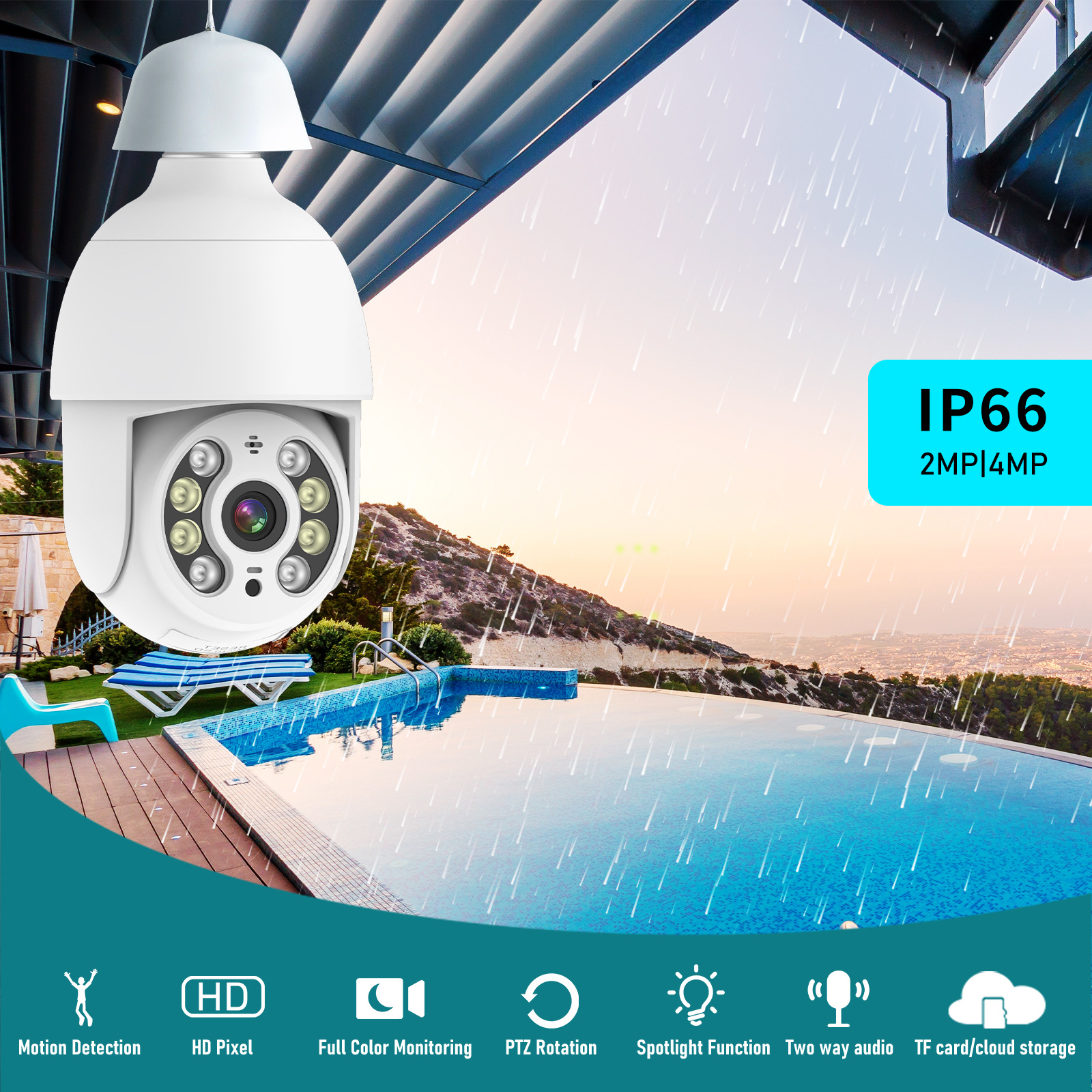 Cámara de Bombilla Impermeable de Fábrica, Portalámparas E27, Superventas Transfronterizas, Cámara de Vigilancia Inteligente PTZ para Exteriores de Alta Definición 2K