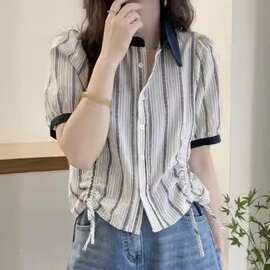 竖条纹翻领棉麻衬衫女欧洲站夏装2024新款欧货女装时尚洋气小衫潮