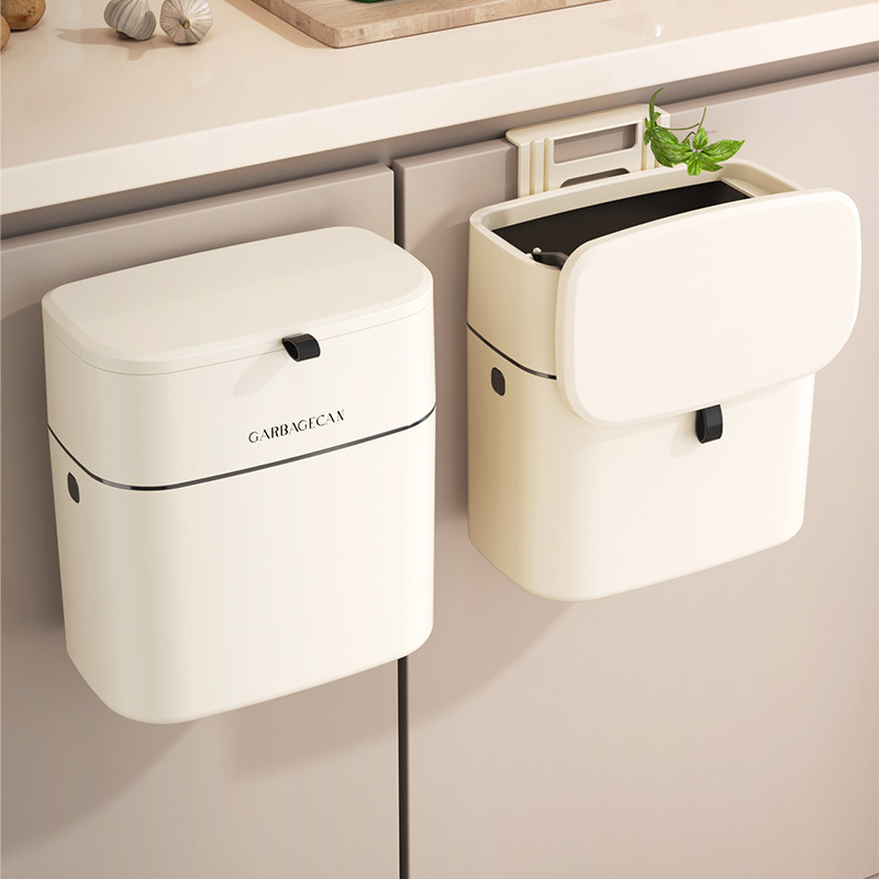 Kitchen and Bathroom Hanging Trash Can, Household Traceless Adhesive Cabinet Trash Basket with Lid, Trendy Ins Wall-Mounted Storage Bin