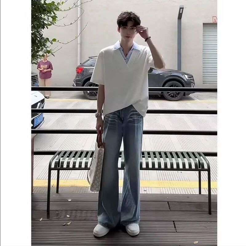 White Faux Two-Piece Spliced Polo Shirt Short-Sleeve Men's Summer V-Neck T-Shirt and Jeans Set, Stylish and Cool Men's Outfit