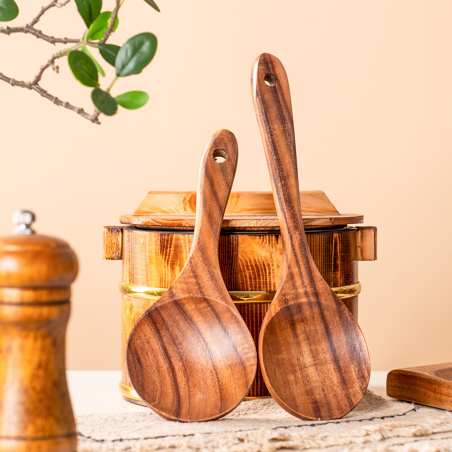 Juego de teca de Amazon, sartén antiadherente de madera de acacia, espátula especial para cocinar en casa, tenedor para ensaladas, cuchara para sopa con fugas