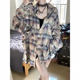 格子衬衫男撞色拼接衬衣oversize美式复古开衫防晒寸衫高级感外套